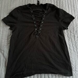 Womens Short Sleeve Choker V Neck Lace Up Top
